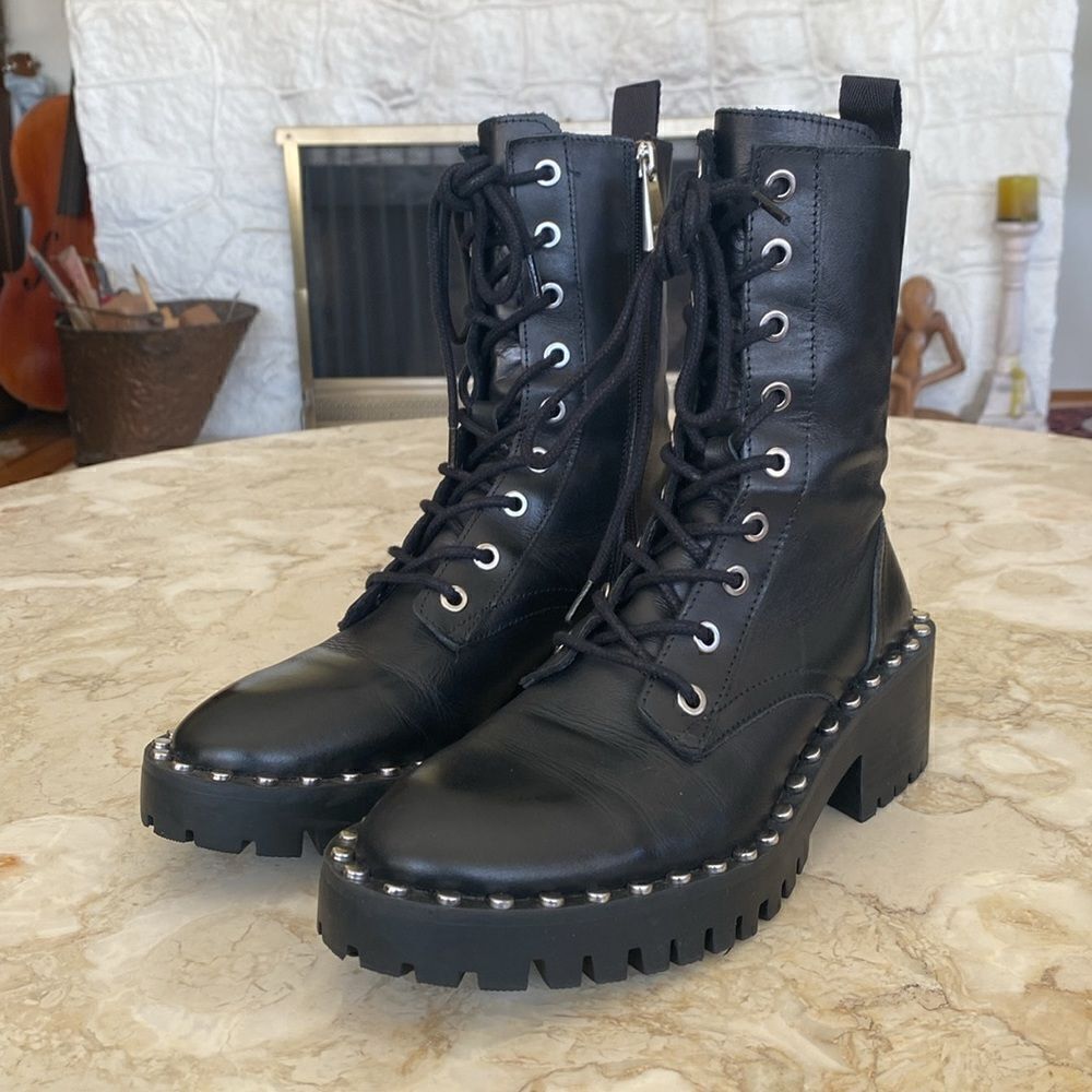 Zara Black Leather Military Lace Up Chunky Ankle Boots With Studs - Picture 6 of 14